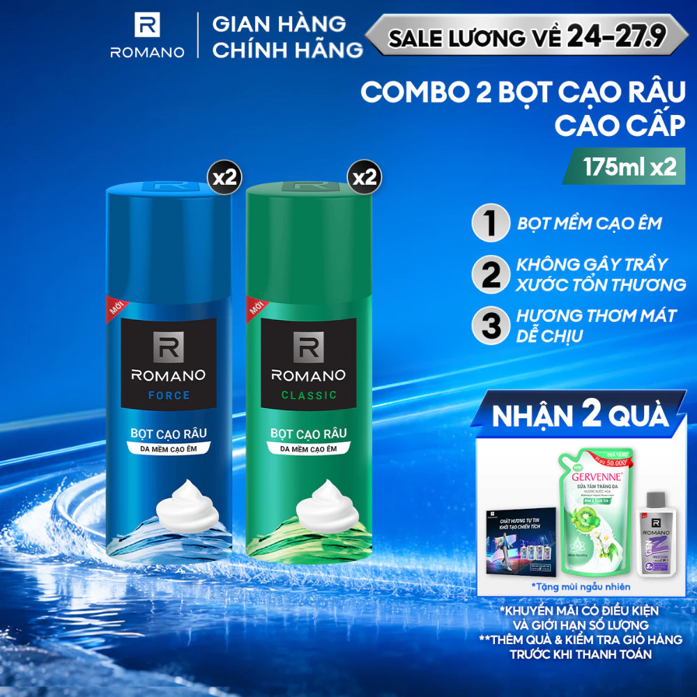 Combo 2 Bọt cạo râu cao cấp cho nam Romano 175ml /chai Classic / Force