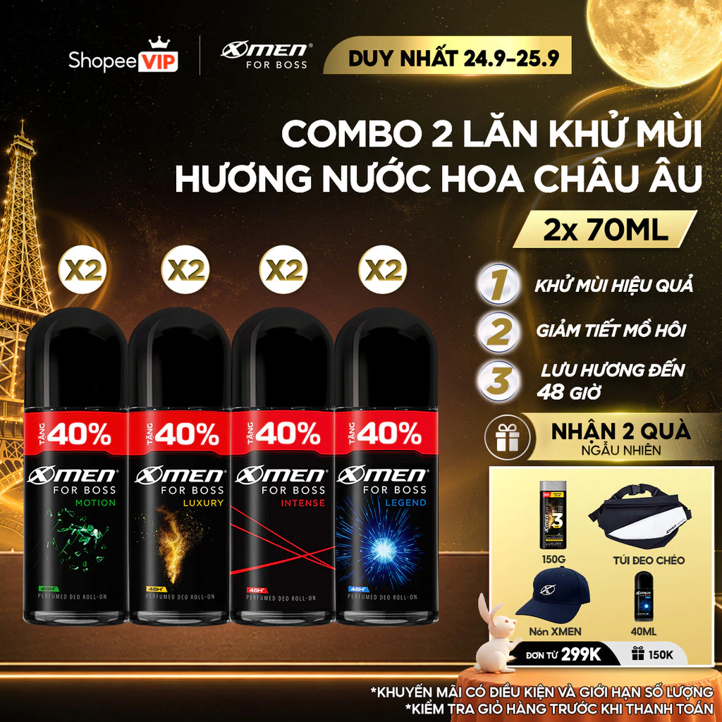 [SVIP] [Tặng thêm 40% dung tích] Combo 2 Lăn khử mùi X-Men For Boss Intense/ Luxury/Legend/Motion 70ml/chai