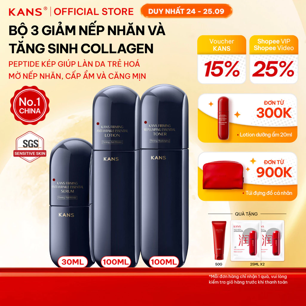 KANS Combo 3 Món Cấp Ẩm Sâu, Chống Lão Hóa Toner - Lotion - Serum 100mlx2+30ml Săn Chắc, Tăng Độ Đàn Hồi, Tăng Collagen
