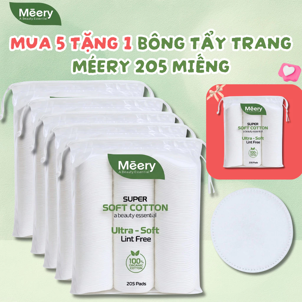 [MUA 5 TẶNG 1] Bông Tẩy Trang MÉERY Chính Hãng, Bông Tẩy Trang Meery 205 Miếng 100% Cotton Mềm Mại Không Xơ Bông