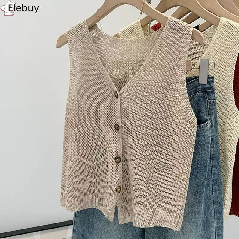 [Ele-T] Áo Vest chữ V dáng rộng và vải lanh kiểu Hàn Quốc mùa hè dành cho nữ