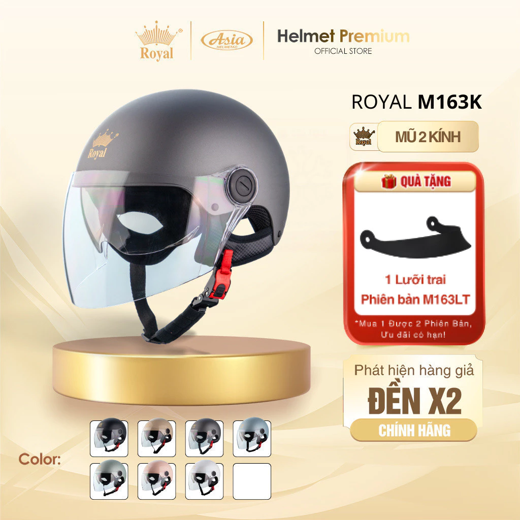 [Tặng Lưỡi Trai] Mũ Bảo Hiểm Nửa Đầu Royal M163K 2 Kính Thời Trang, 2 Phiên Bản Chống Nắng Chống Bụi