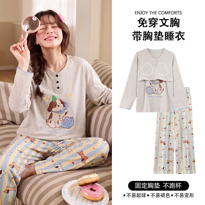Bộ Đồ Ngủ Đệm Nữ 100% Cotton Bộ Đồ Ngủ Mùa Thu Đông Tay Dài Đồ Ngủ Người Phụ Nữ Hoạt Hình Dễ Thương Mặc Ở Nhà