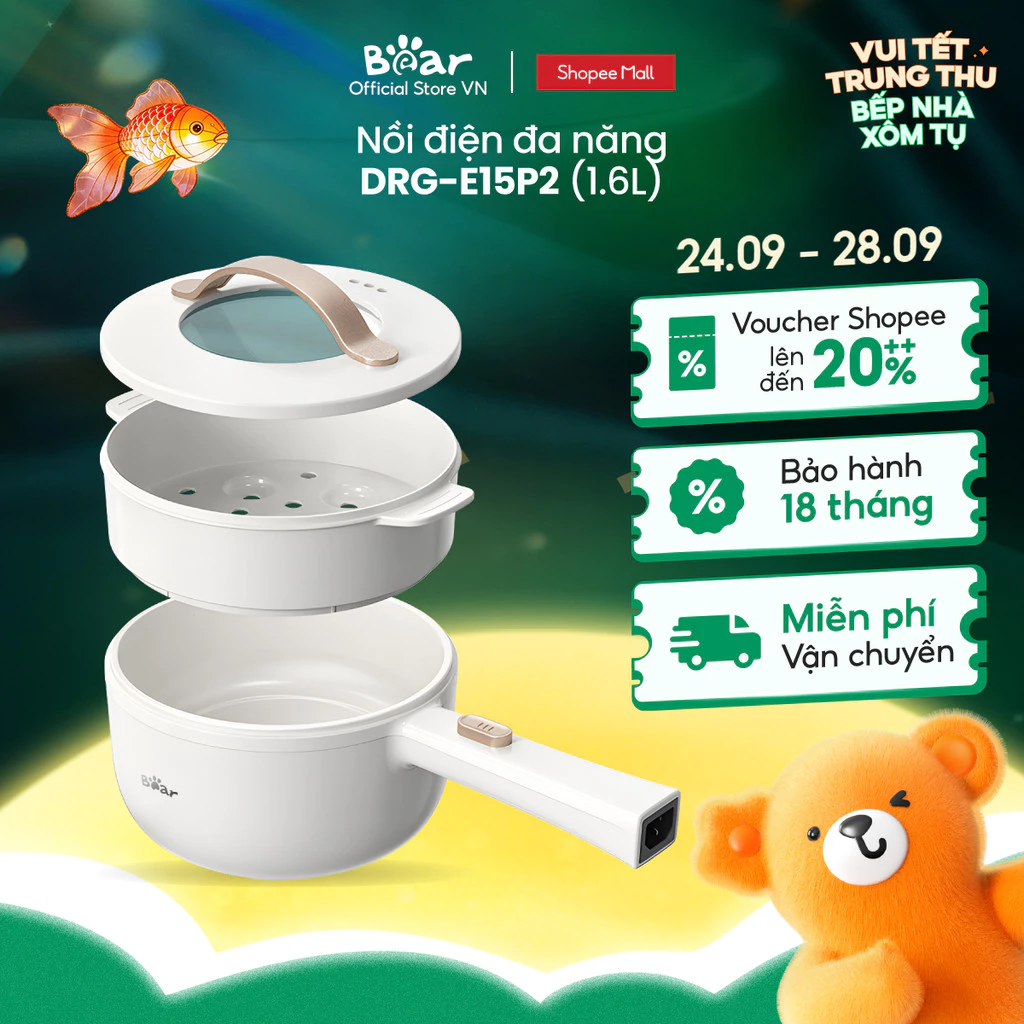 Nồi nấu đa năng 1.6L Bear DRG-E15P2 800W (kèm xửng hấp) - Hàng Chính Hãng