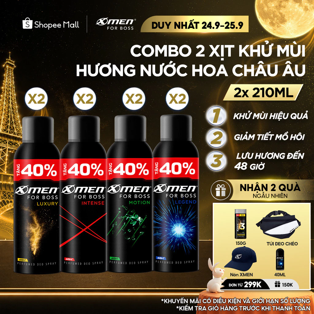 [TĂNG 40% DUNG TÍCH] Combo 2 Xịt Khử Mùi Xmen for Boss Intense/Luxury/Legend/Motion 210ml/chai L