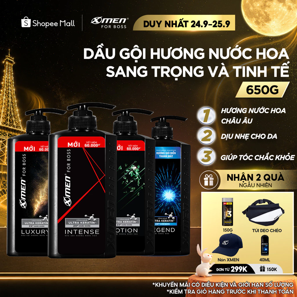Dầu Gội Nam XMen for Boss 650g Hương Nước Hoa Châu Âu - 4 Mùi Hương Sang Trọng Lịch Lãm
