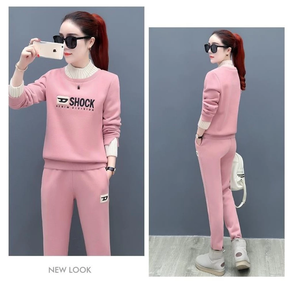Bộ Đồ Thể Thao Nữ Lót Lông Ấm Áo Len Quần Dài 2 Món Form Rộng Thư Giãn