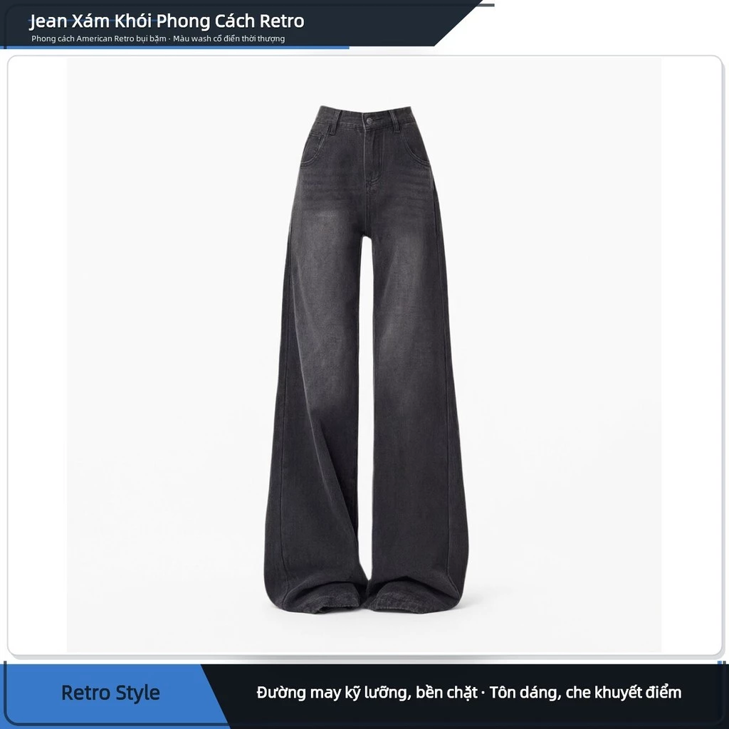 Quần Jean Ống Rộng Cạp Cao Màu Xám Khói Wash Cổ Điển Phong Cách American Retro