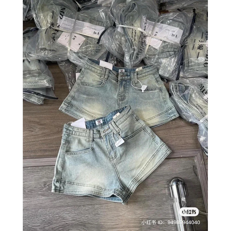 Quần short bò jeans nữ tôn vòng 3 ống rộng lưng cao hack dáng cực xinh