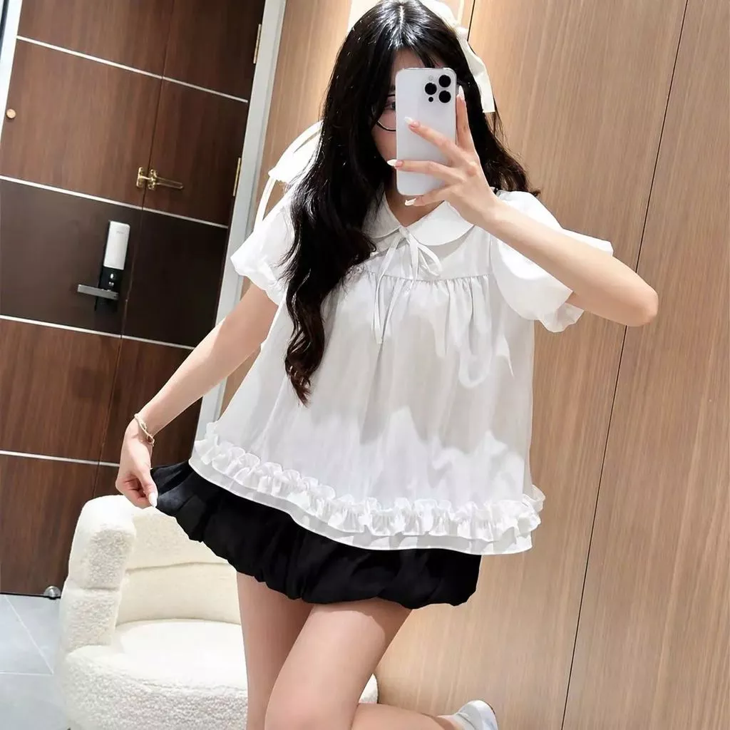 Áo Babydoll Cổ Sen Tay Bồng Thắt Nơ Nữ, Áo Kiểu Tiểu Thư Phối Gấu Viền Bèo Form Xuông Hàn Quốc Mặc Đi Chơi Hot Trend