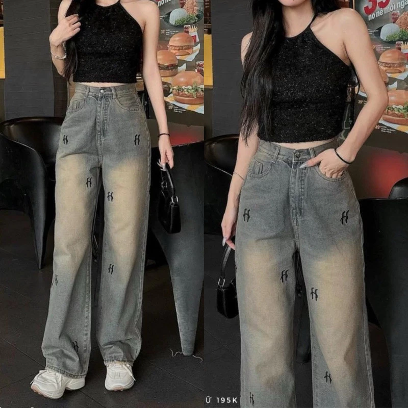 Quần ống suông, quần jean ống rộng kiểu dáng basic thêu hình chữ H xinh xắn chất liệu jean mềm mịn chuẩn form có túi