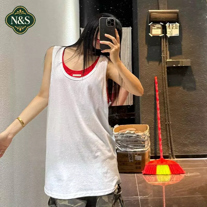 NS Mùa Hè 2025 Mới Màu Tương Phản Áo Thun Không Tay Nữ Giả Hai Mảnh Rời Lớp Vest Suspender Top NS