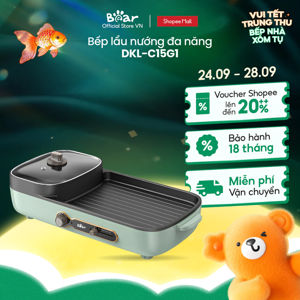 Bếp Nướng Lẩu Điện 3L Đa Năng 2in1 Bear DKL-C15G1 - Chính Hãng - BH 18 Tháng