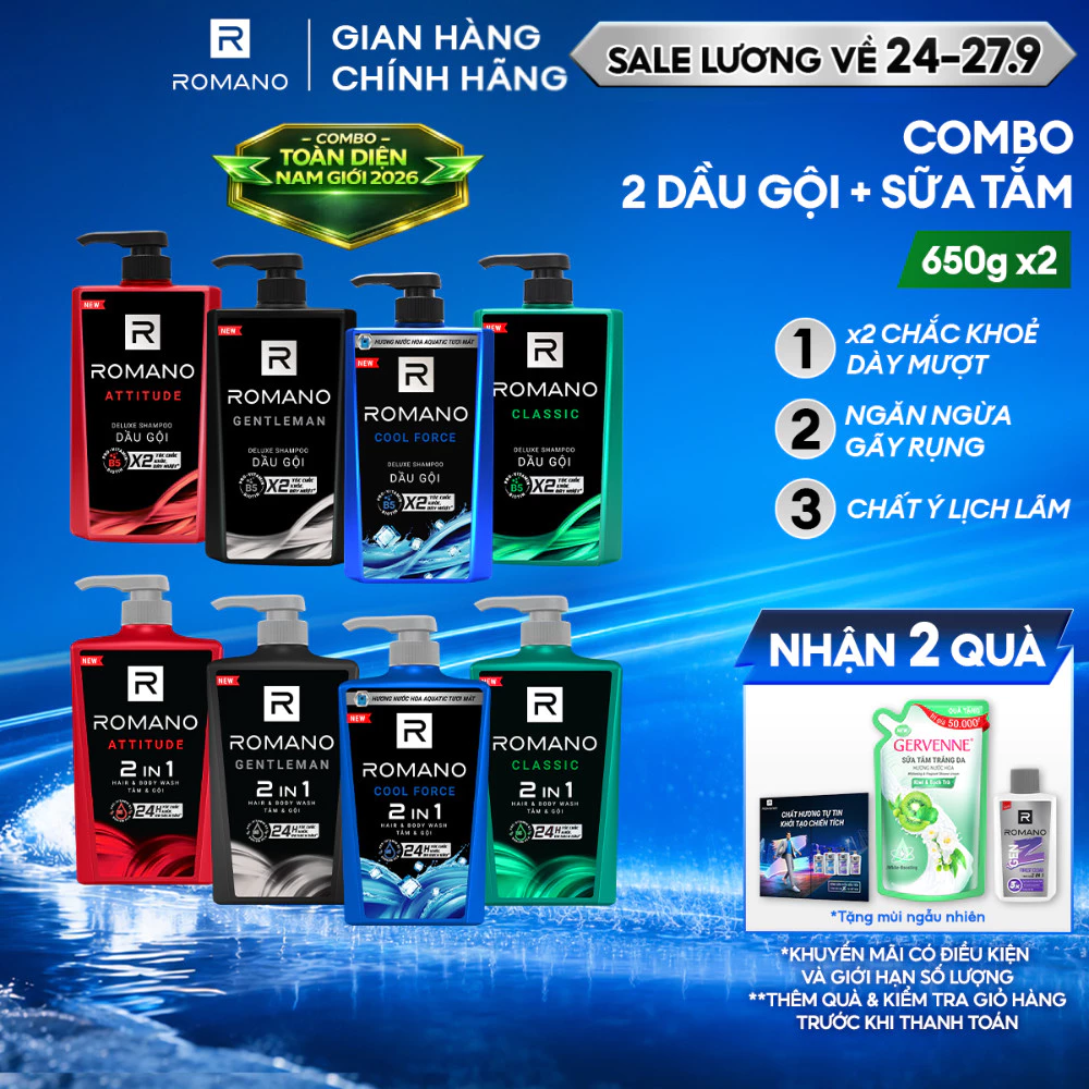 [Combo Toàn diện 2026] Combo Dầu gội nam và sữa tắm nam cao cấp Romano 650g/chai