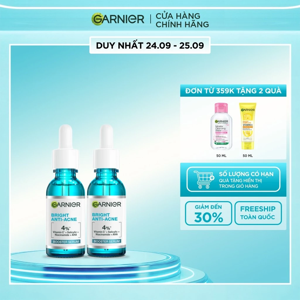 Bộ đôi dưỡng chất cho da dầu mụn Garnier Bright Complete Anti-Acne Serum 4% [Niacinamide, BHA, AHA, Vitamin C] 30mlX2