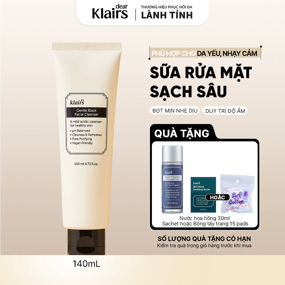 [DATE T9/27] Sữa Rửa Mặt Dear, Klairs Gentle Black Facial Cleanser làm sạch sâu và kiểm soát bả nhờn 140ml [FS]