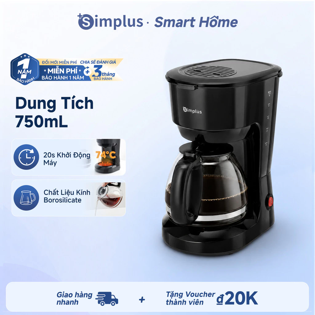 Simplus Máy pha cà phê Dung tích lớn 750ML/1250ML 10 Ly Tự động nhỏ giọt Pha thủ công Pha trà KFJH011/12