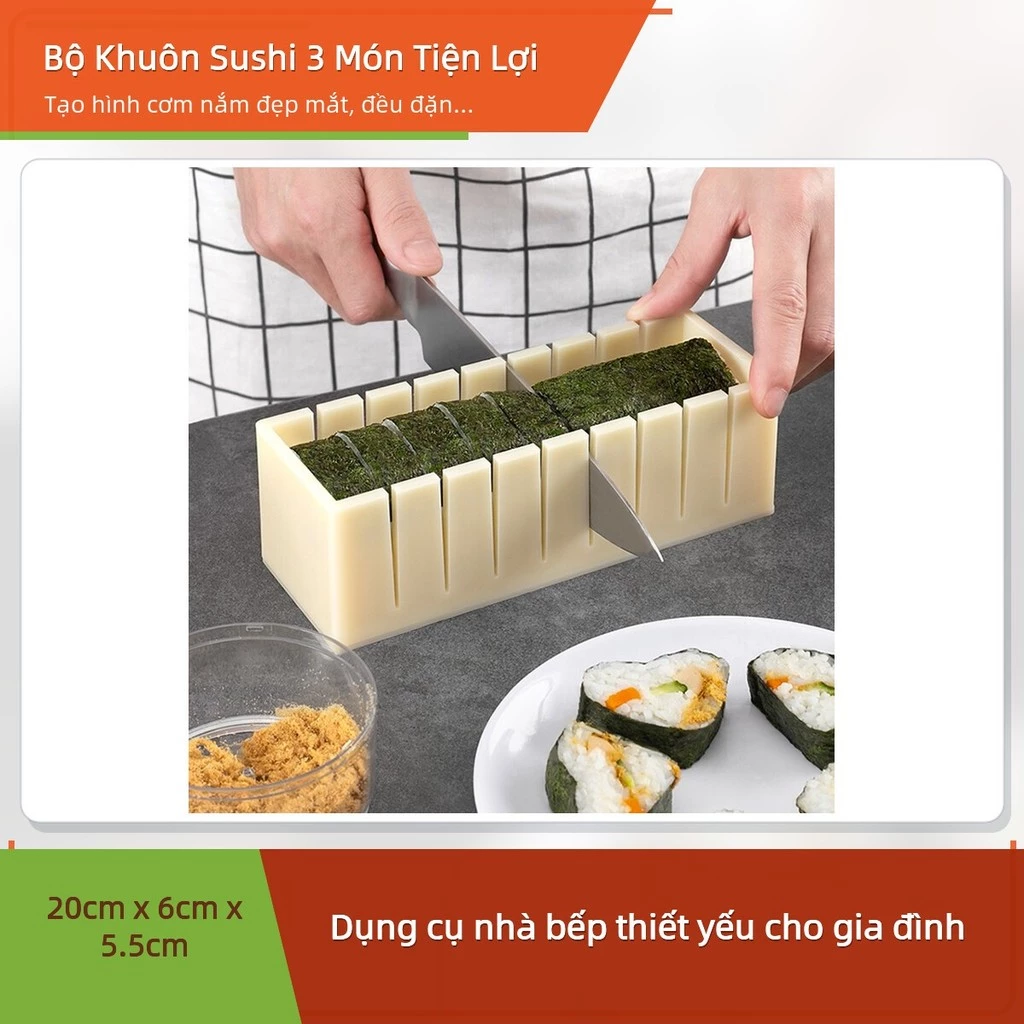 Bộ Khuôn Làm Sushi 3 Món Hình Tim Tròn Vuông Kèm Khung Cắt Tiện Lợi ✨deerlu05.vn✨
