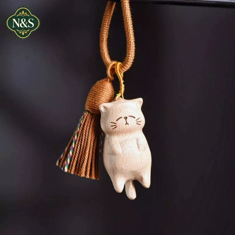 NS Retro Gỗ Mèo Móc Khóa Tay Khắc Dễ Thương Kitty Túi Mặt Dây Chuyền Trang Trí Xe Móc Khóa Dành Cho Nữ Cặp Đôi Trang Sức Thời Trang Phụ Kiện Quà Tặng NS