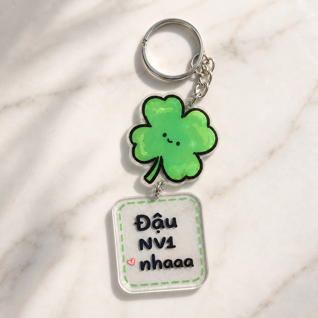 Móc khoá cỏ bốn lá kèm tag may mắn - Móc khóa Đậu NV1 - Mica Nhà Làm nlp