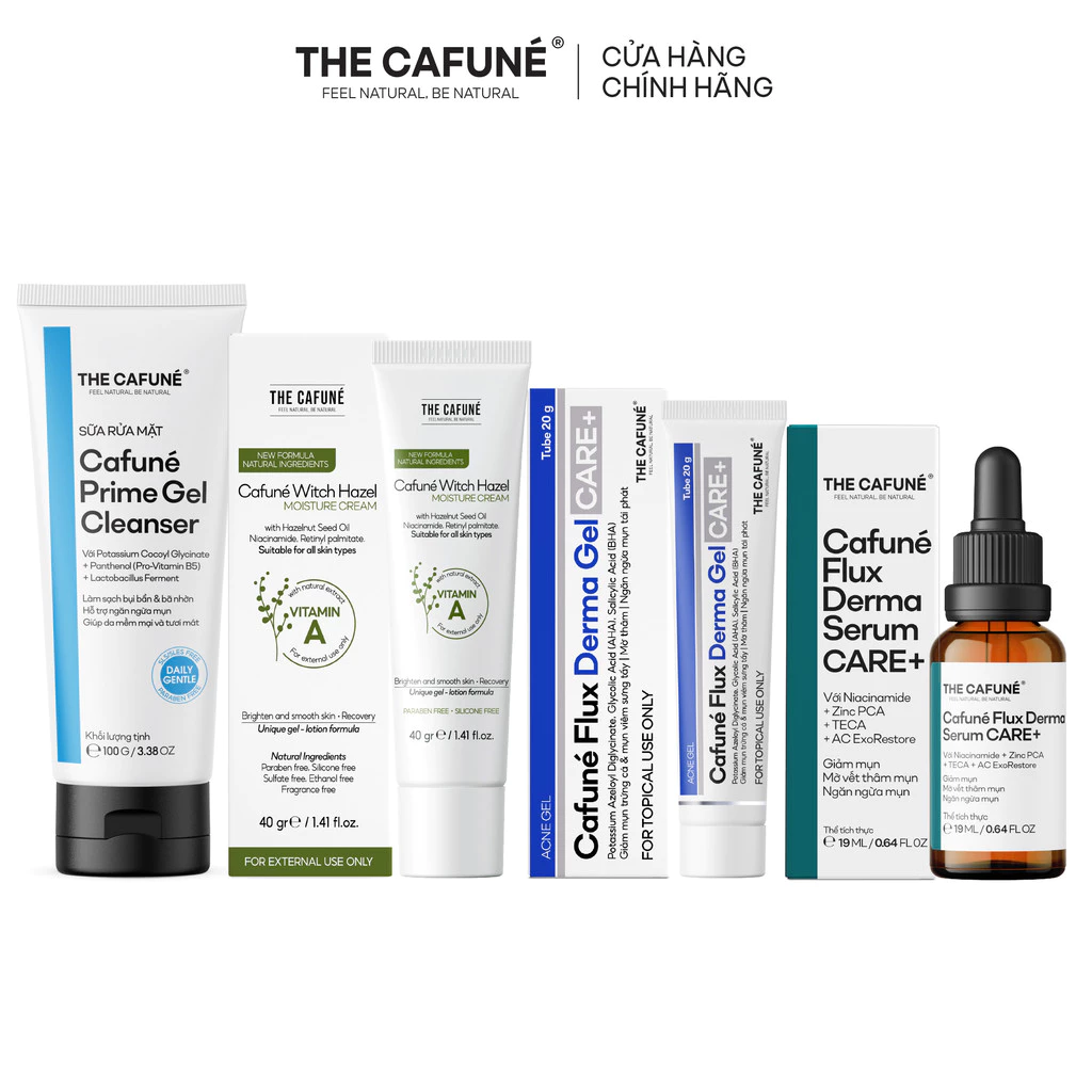 [COMBO GIẢM 45%] Combo 4 Bước Chăm Sóc Da Mụn Cafuné: Rửa Mặt Prime + Serum Mụn + Gel Mụn Flux Derma + Kem Dưỡng Ẩm