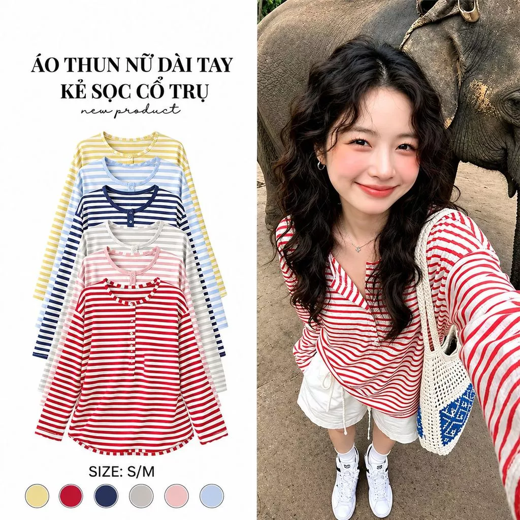 Áo Thun Giấy Dài Tay Cho Nữ Cổ Trụ Chất Liệu Cotton Giấy Kẻ Sọc Form Rộng Co Giãn Thoáng Mát Phong Cách Hàn Quốc
