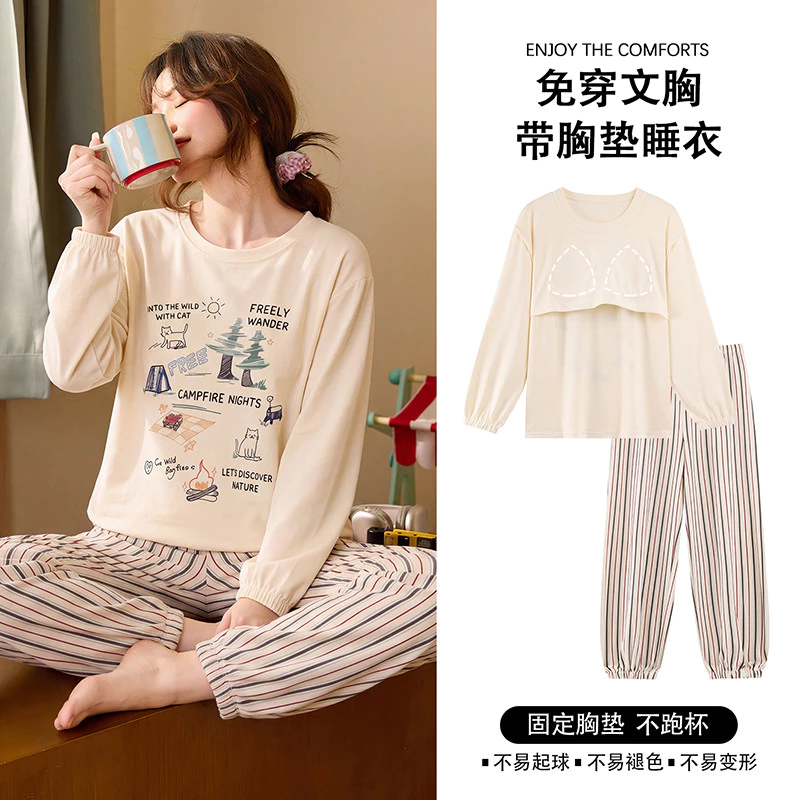Bộ Đồ Ngủ Có Đệm Bộ Đồ Ngủ Nữ Bộ Thu Đông Tay Dài Đồ Ngủ Người Phụ Nữ Hoạt Hình Dễ Thương Mặc Ở Nhà