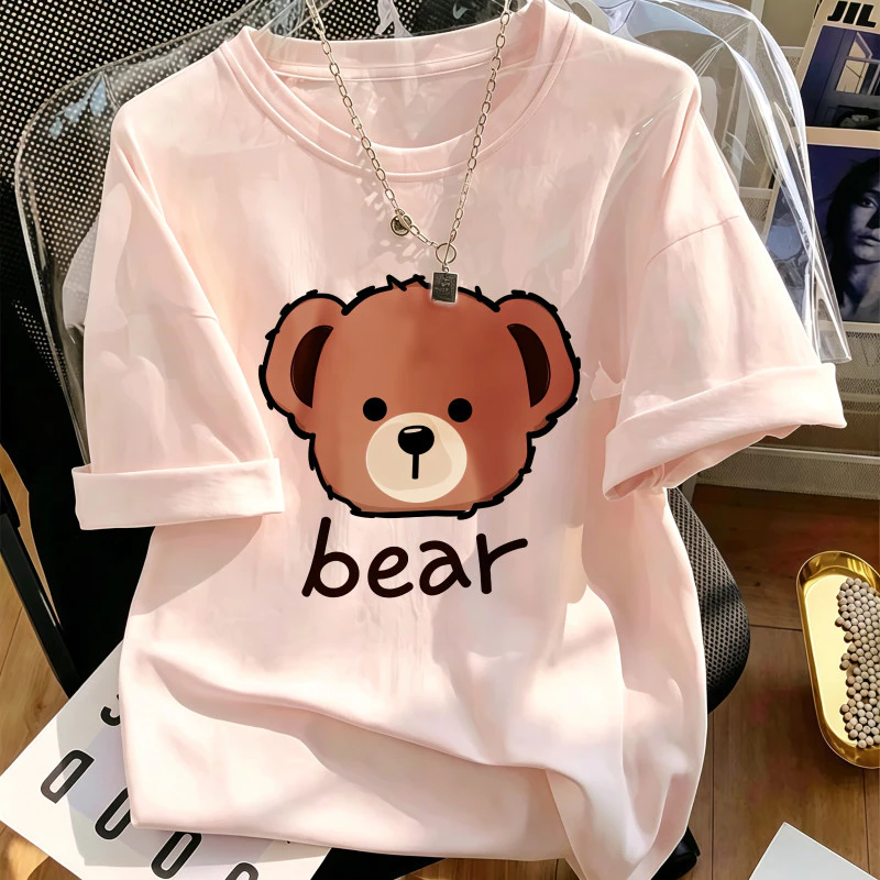 Áo thun nữ cổ tròn ngắn tay màu hồng cotton mềm - In hình đầu gấu, mặc mát thoáng khí hàng ngày
