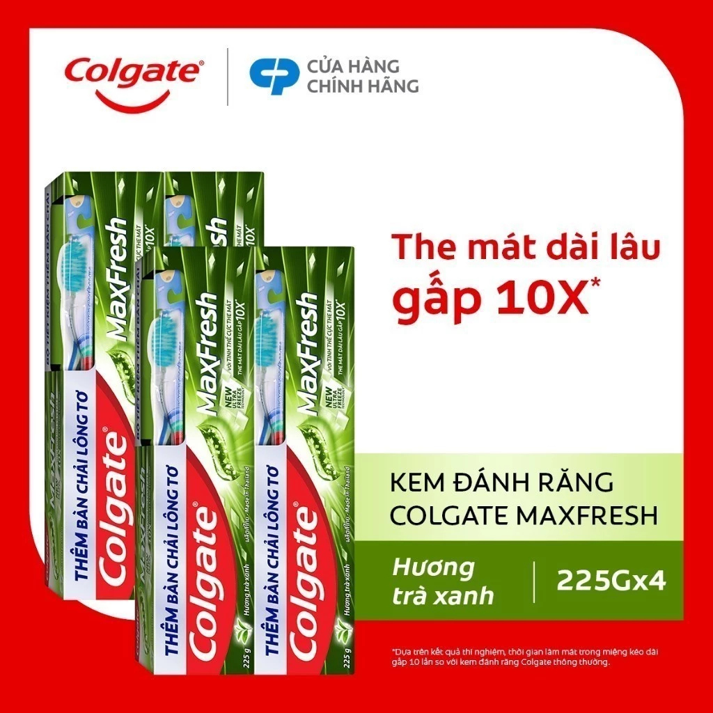Bộ 4 Kem đánh răng Colgate Maxfresh Trà Xanh the mát 225g/tuýp tặng bàn chải