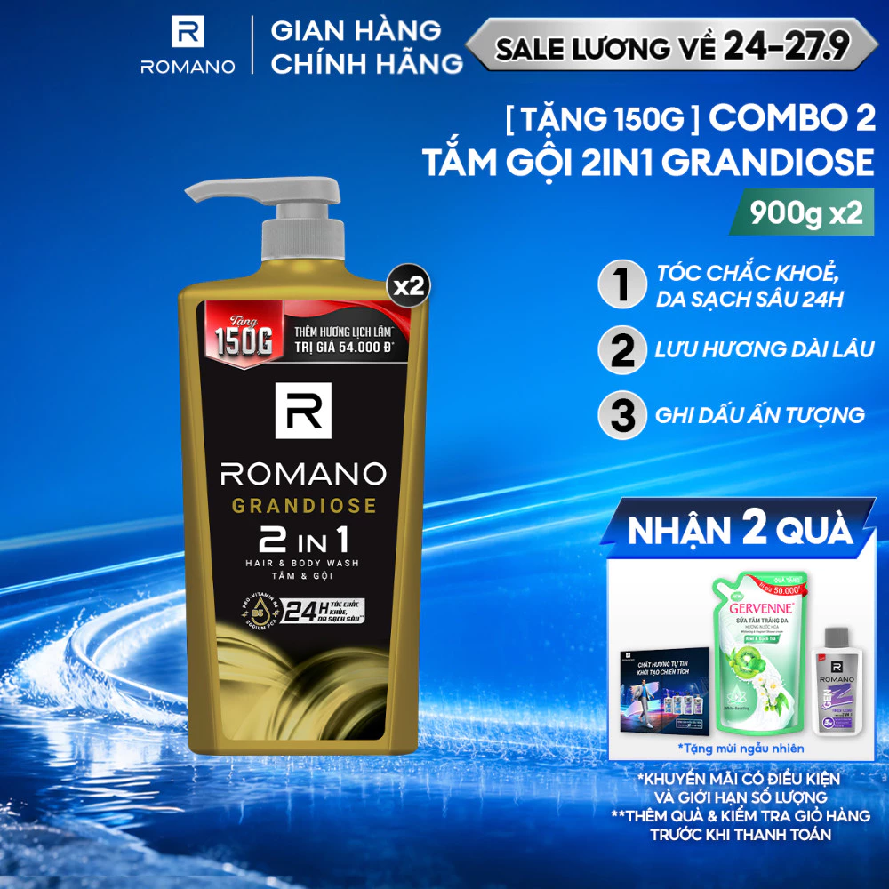 Combo 2 Tắm gội cho nam 2in1 Romano Grandiose 900g
