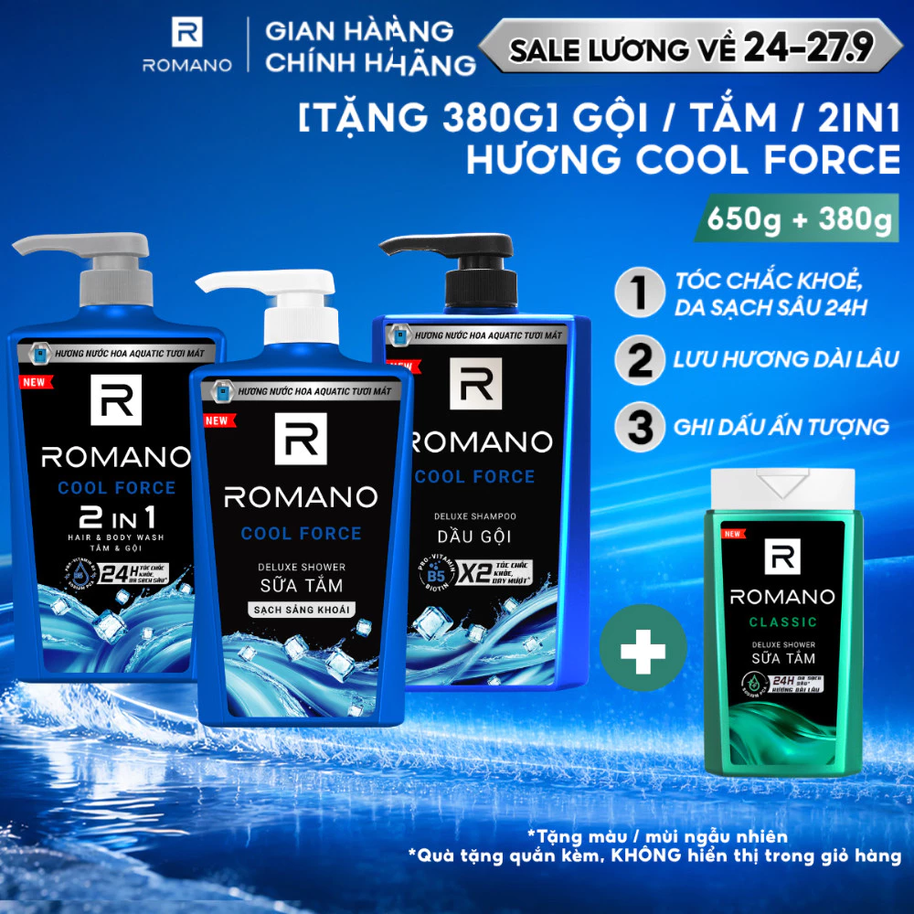 [TẶNG Chai 380g] Tắm gội 2in1/ Sữa tắm/ Dầu gội Romano hương Nước hoa Cool Force cho nam 650g/chai (Tặng mùi ngẫu nhiên)
