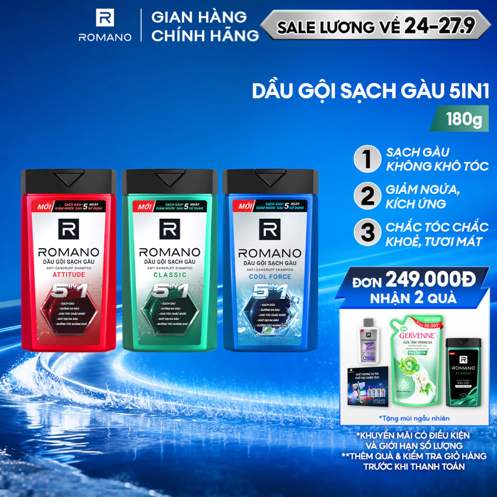 Dầu gội nam sạch gàu 5in1 Romano hương nước hoa Classic/ Force/ Attitude 180g