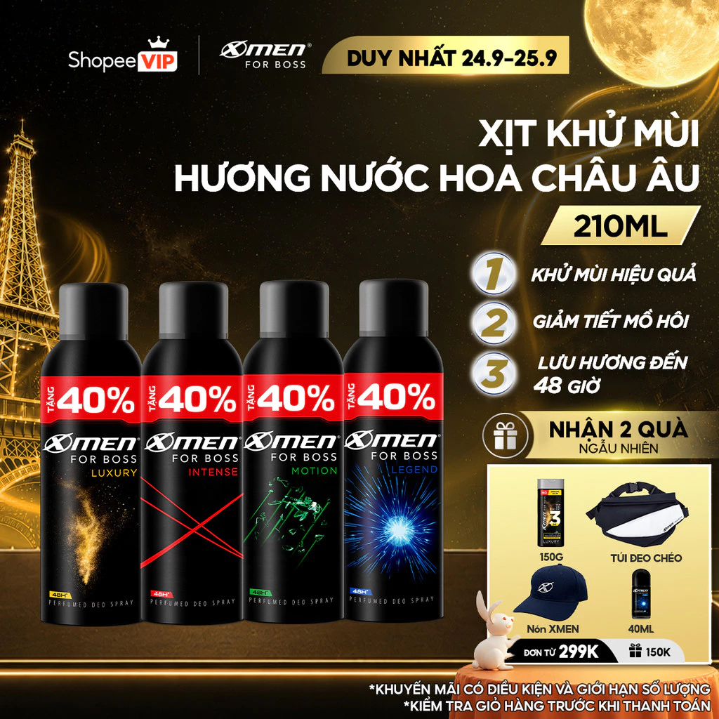 [SVIP] [Tặng thêm 40% dung tích] Xịt khử mùi XMen For Boss Intense/ Luxury/Legend/Motion 210ml - Hương Nước Hoa Châu Âu