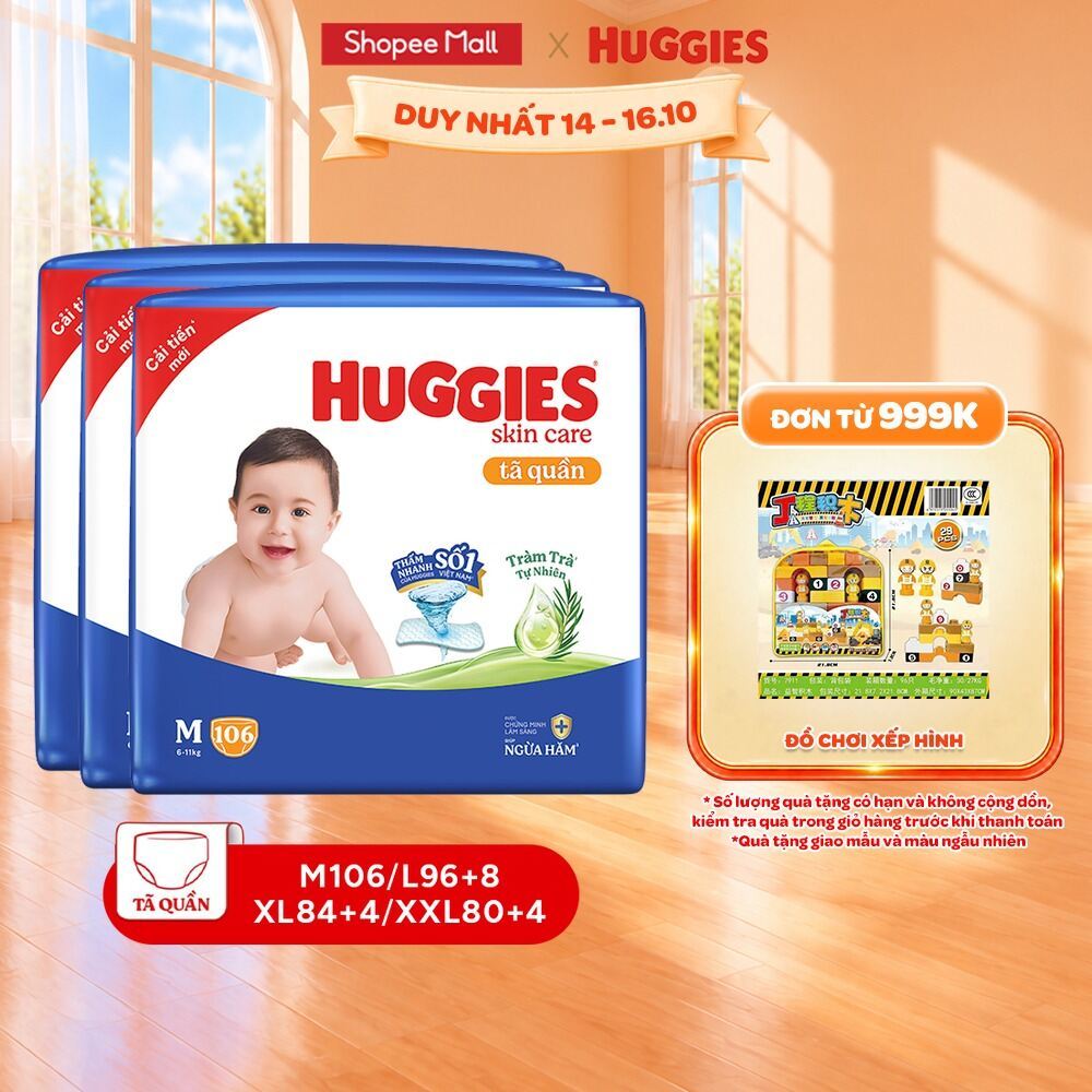 Combo 3 gói Tã/Bỉm quần Huggies Skincare Mega Jumbo M106/L96/XL84/XXL76 với…