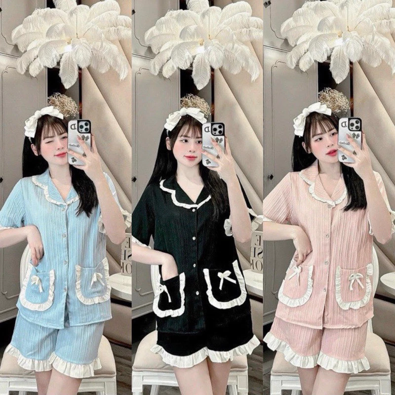 Bộ đùi pijama chất vải đũi gân, hàng cổ viền bèo free size từ 40-65kg