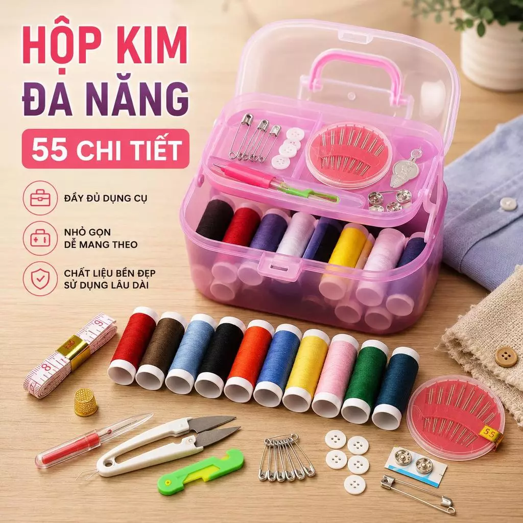 Hộp Kim Chỉ Đa Năng 55 Chi Tiết Cỡ Lớn Bộ Kim Chỉ May Vá Gia Đình Đầy Đủ Phụ Kiện Tiện Dụng - GD335