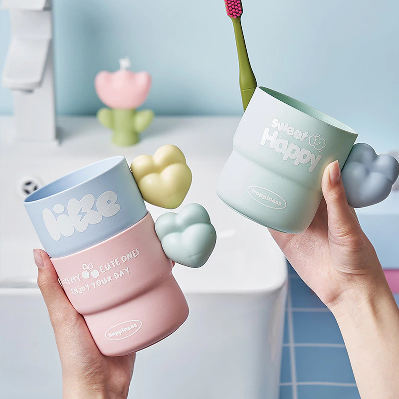 Cốc rửa họa tiết hoạt hình phong cách Hàn Quốc, cốc đánh răng đôi cho cặp đôi gia đình, cốc súc miệng sinh viên ký túc xá, tay cầm hình trái tim