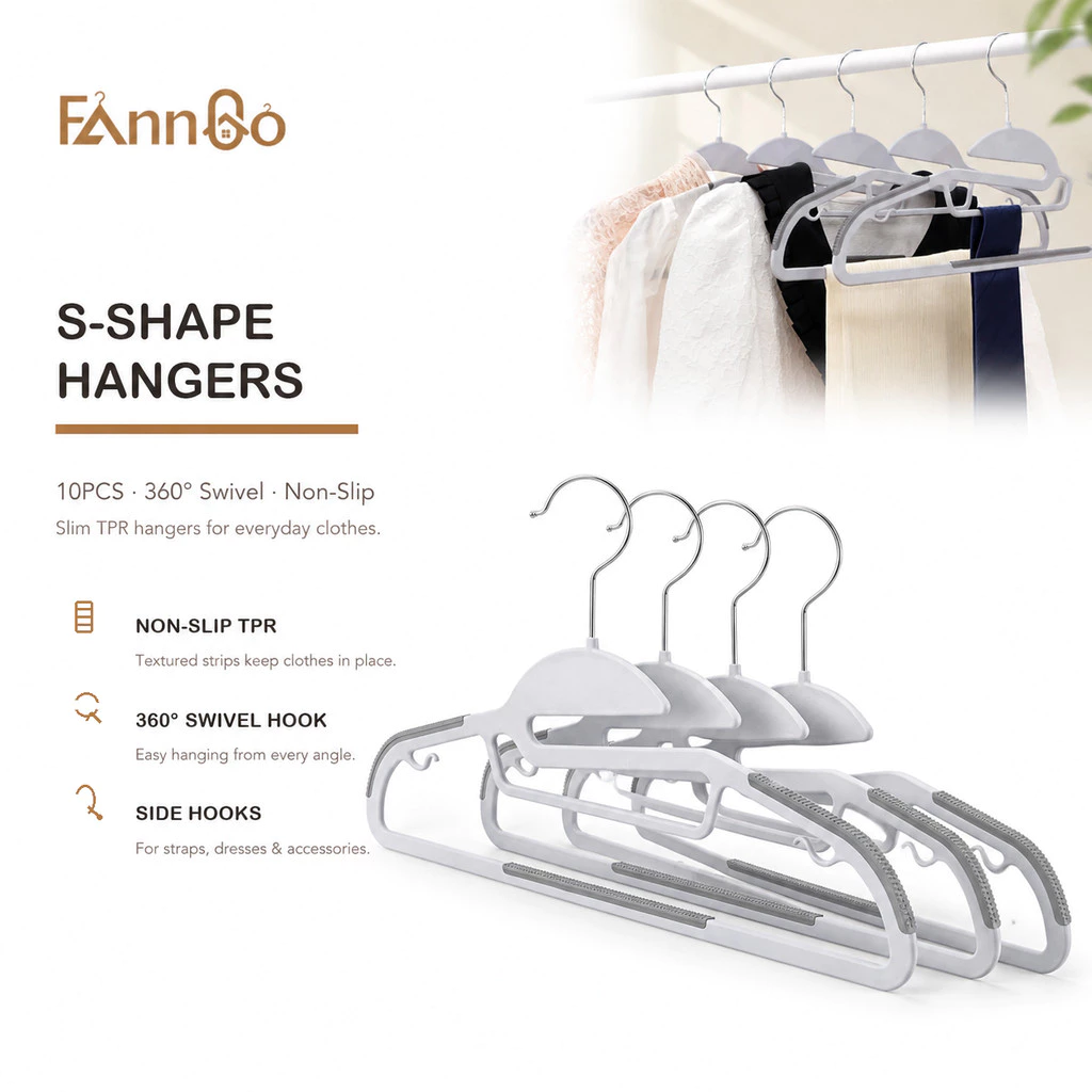 Móc treo quần áo bằng nhựa Fanngo 10 CÁI – 360° Thiết kế chống trượt xoay, Dụng cụ sắp xếp tiết kiệm không gian dày 0,2 "cho tủ quần áo, áo sơ mi & quần (Xám, Hình chữ S)