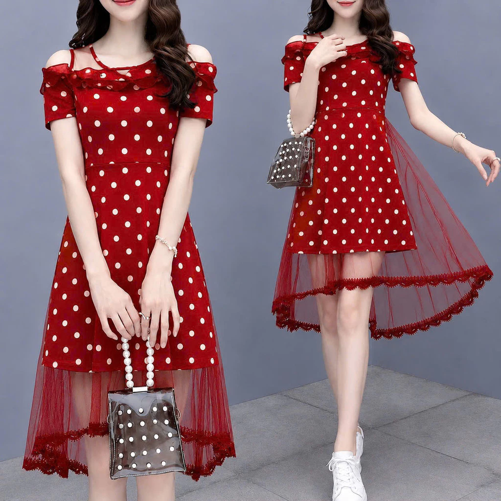 (MAY 2 LỚP )Đầm Xòe Trễ Vai Phối Lưới Chấm Bi Nữ Thời Trang Dự Tiệc Sang Chảnh – Đầm Umi Dáng Xòe Tay Ngắn