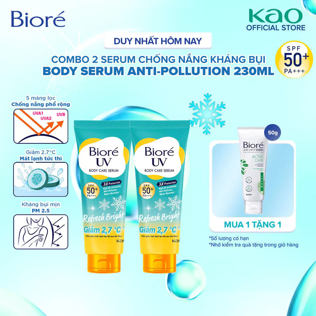 Combo 2 Biore UV Serum Chống Nắng Dưỡng Thể Kháng Bụi - Sáng Mịn Mát Lạnh SPF50+/PA+++ 230ml