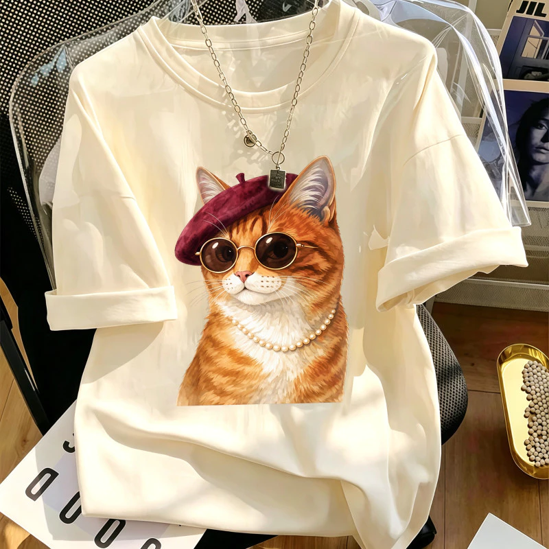 Áo thun nữ cổ tròn form rộng cotton thoáng mát in họa tiết thời trang basic mặc hàng ngày phối đồ dễ size S‑XXXL#0025
