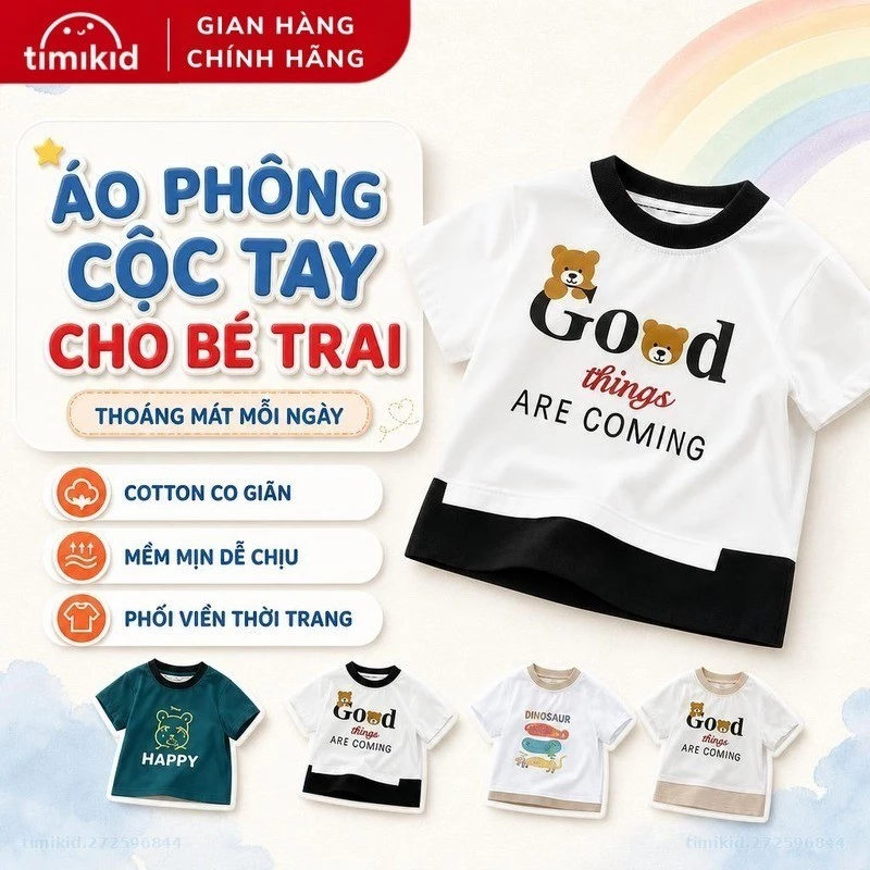 Áo Phông Cộc Tay Cho Bé Trai Link Card IP Chất Cotton Co Giãn, Mềm Mịn, Thoáng Khí Phối Viền Thời Trang 6M-4Y - Timikid