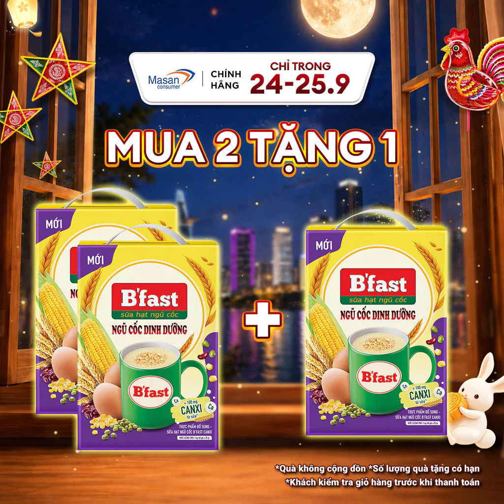 Combo 2 Thực phẩm bổ sung sữa hạt ngũ cốc B'fast Canxi hộp x 40gói x 25gr