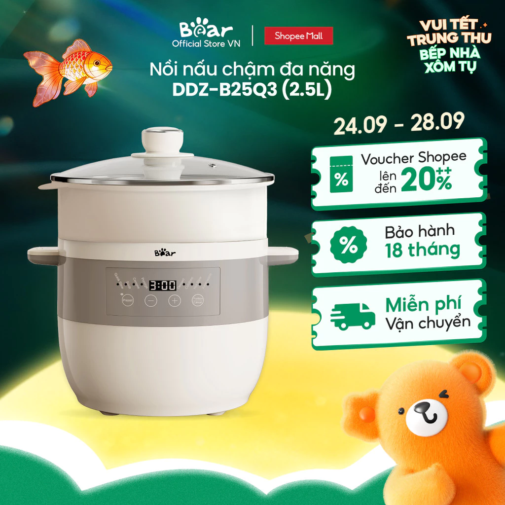 Nồi Nấu Chậm 2.5L Đa Năng Bear DDZ-B25Q3 (KÈM XỬNG HẤP) - Hàng Chính Hãng