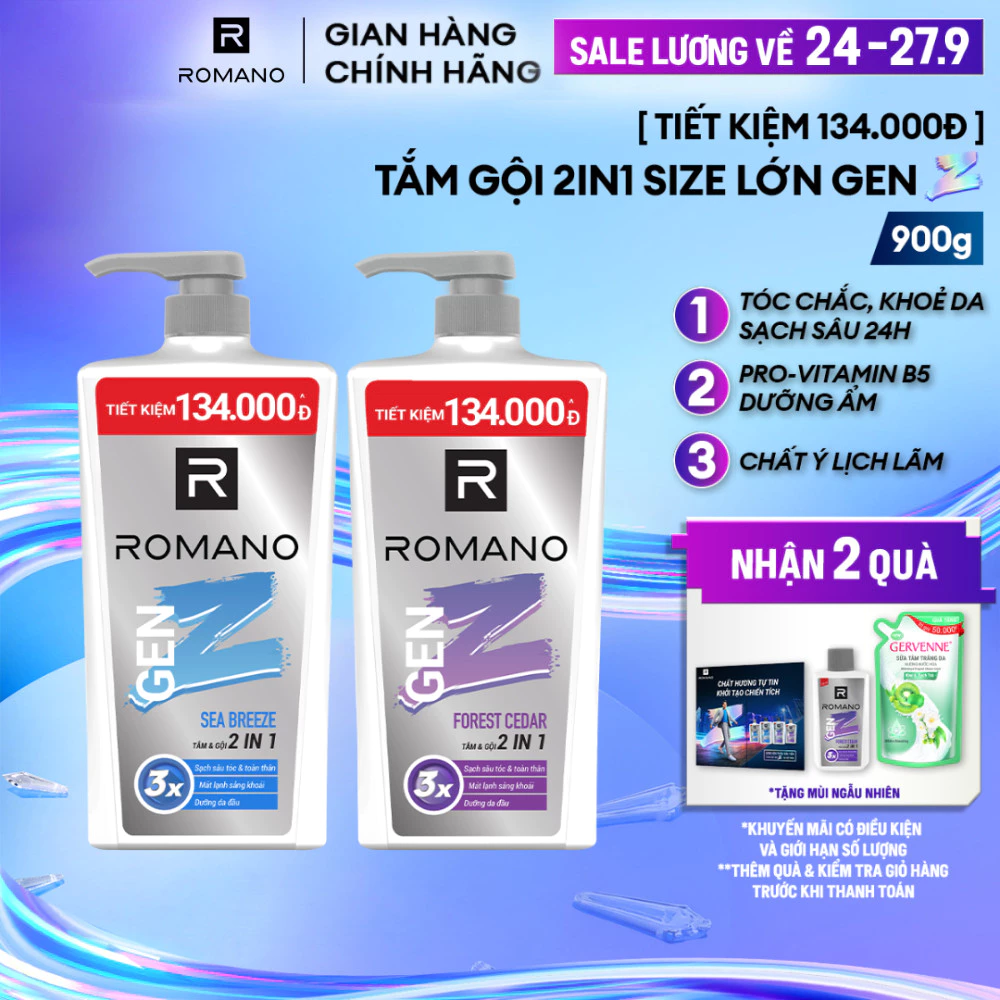 [ĐỘC QUYỀN ONLINE] Tắm gội cho nam 2in1 Romano Gen Z hương Sea Breeze/ Forest Cedar 900g/ chai