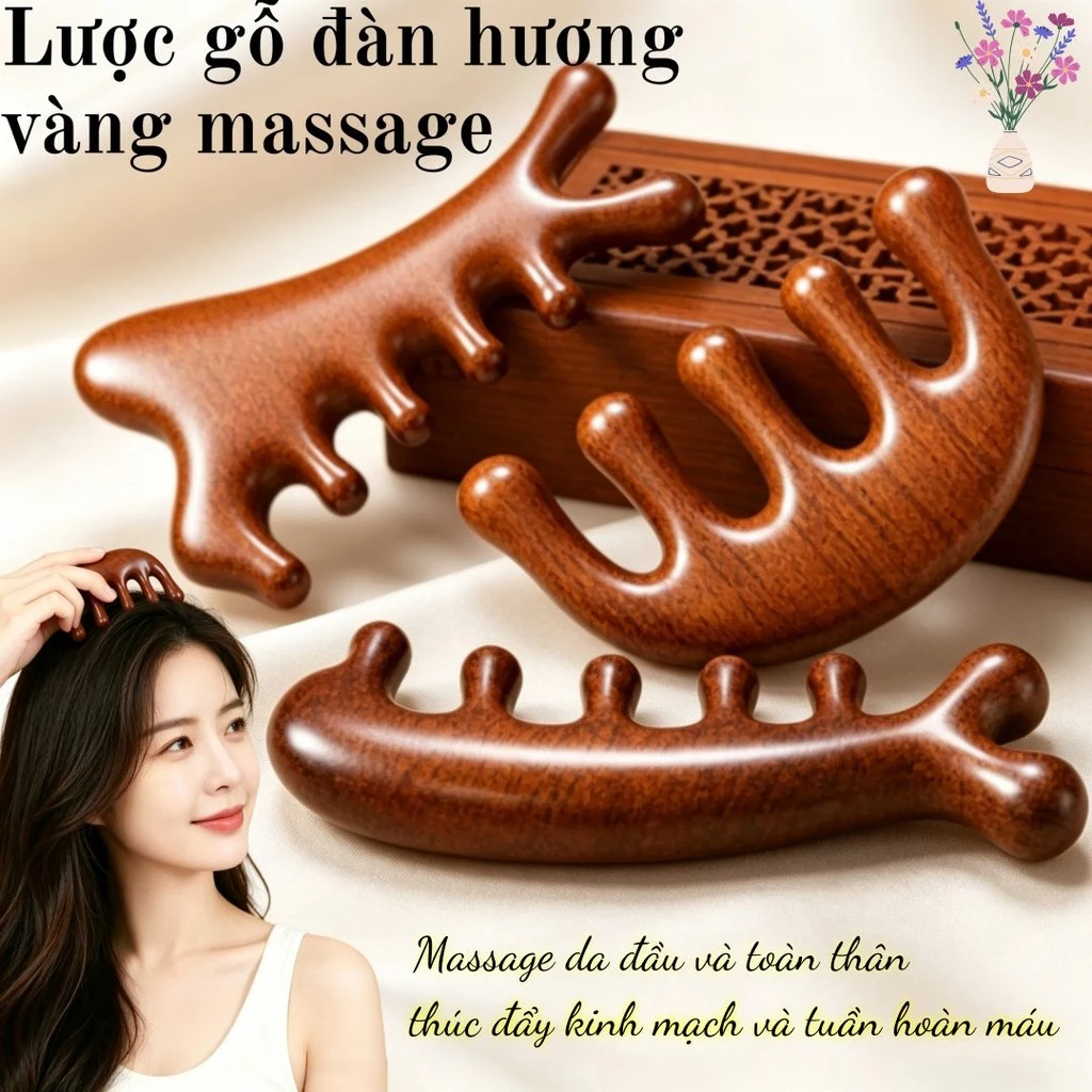 Lược massage gỗ đàn hương cao cấp, massage da đầu và toàn thân, thúc đẩy kinh mạch và tuần hoàn máu, chống tĩnh điện