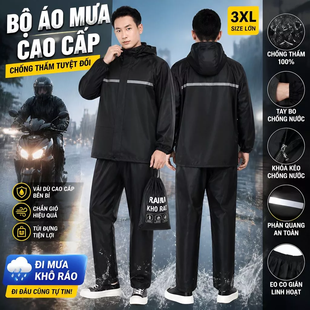 Áo Mưa Bộ Cao Cấp Có Phản Quang Vải poly Loại Vải Cực Và  Tiện Dụng Để Chống Gió Và Lạnh