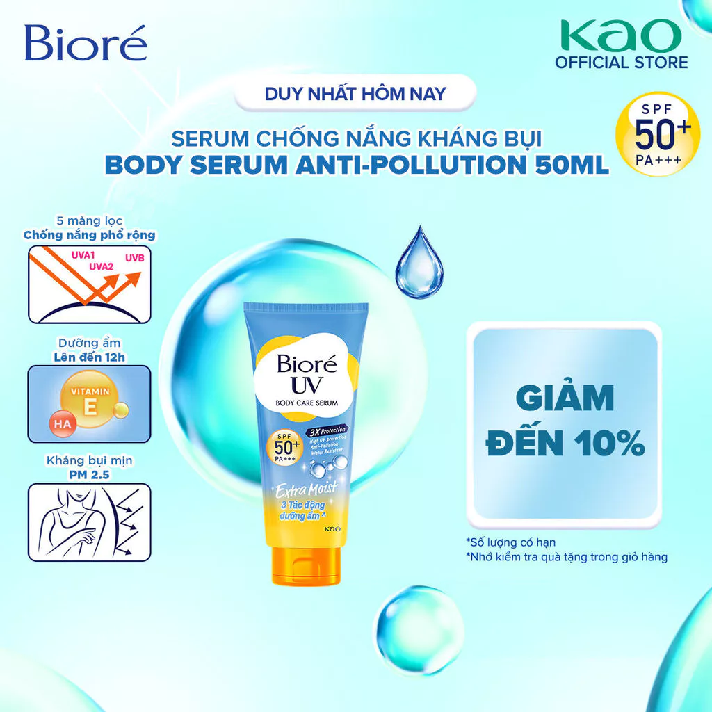 [Phiên Bản Cải Tiến] Biore UV Serum Chống Nắng Dưỡng Thể Kháng Bụi - Dưỡng Ẩm Vượt Trội SPF50+/PA+++ 50ml