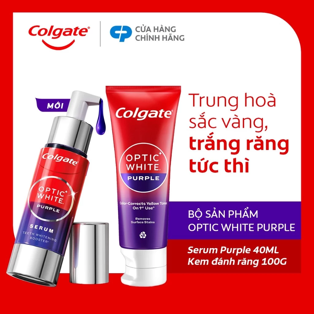 Bộ Kem đánh răng & Serum Colgate trắng răng Optic White Purple - Trung hòa sắc vàng cho răng trắng sáng