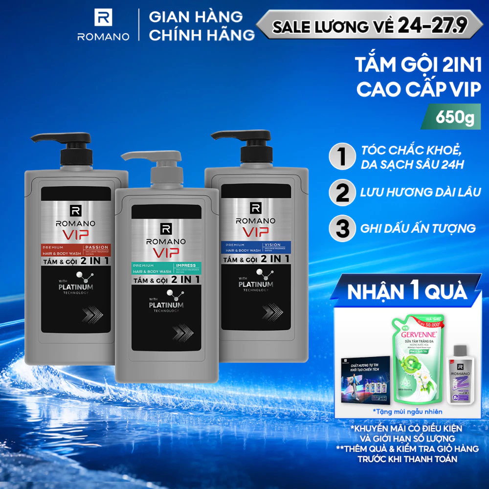 Tắm gội cho nam Romano 2in1 VIP Passion / Vision / Impress 650g